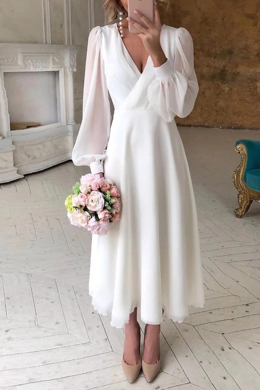 Women's V Neck Puff Sleeve Wedding Guest Midi Dress