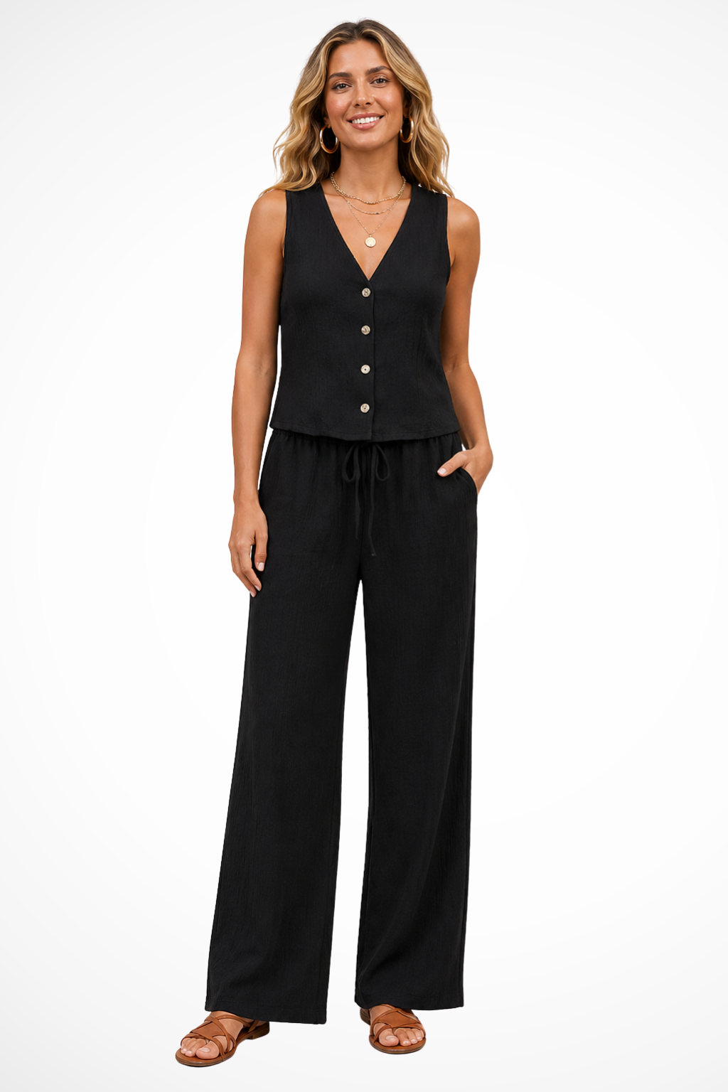 Women's V Neck Button Waistcoat and Wide Leg Trousers Linen Co Ord Set
