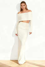 Women's Off Shoulder Knit Crop Top and Maxi Skirt Co Ord Set
