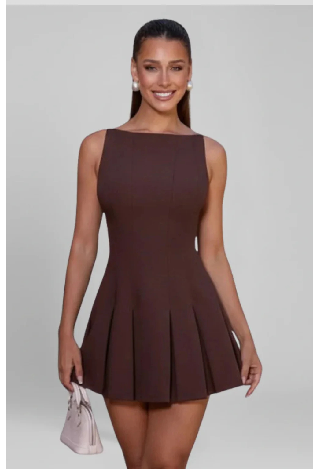Women's Pleated Sleeveless Boat Neck Graduation Mini Dress