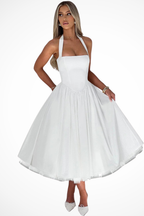 Women's Halter Neck Flowy Wedding Guest Corset Midi Dress