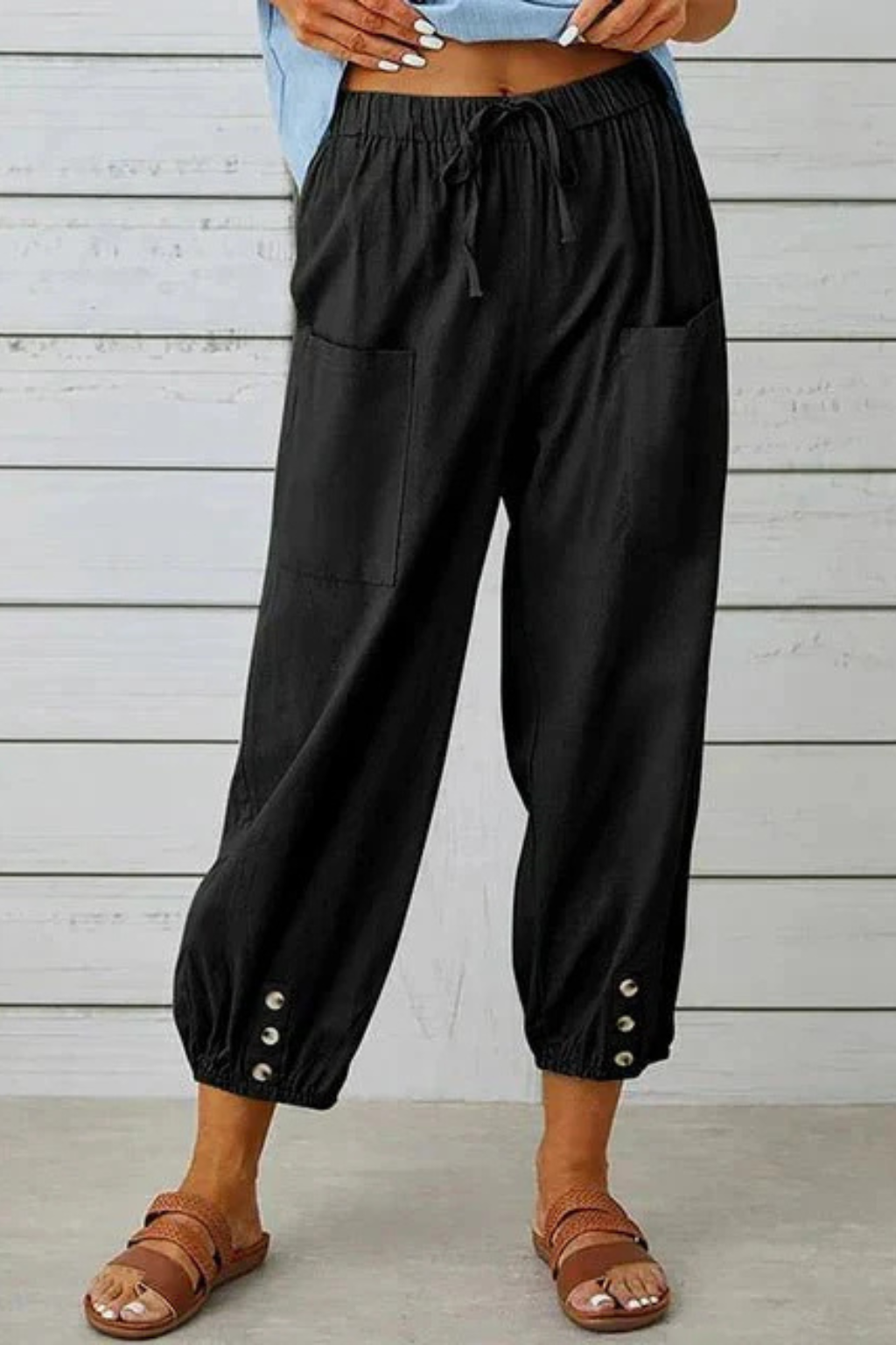 Women's Linen Cropped Trousers with Drawstring Waist and Button Hem