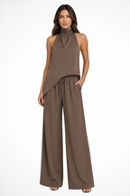 Women's Halter Neck Open Back Top and Wide Leg Trousers Co Ord Set