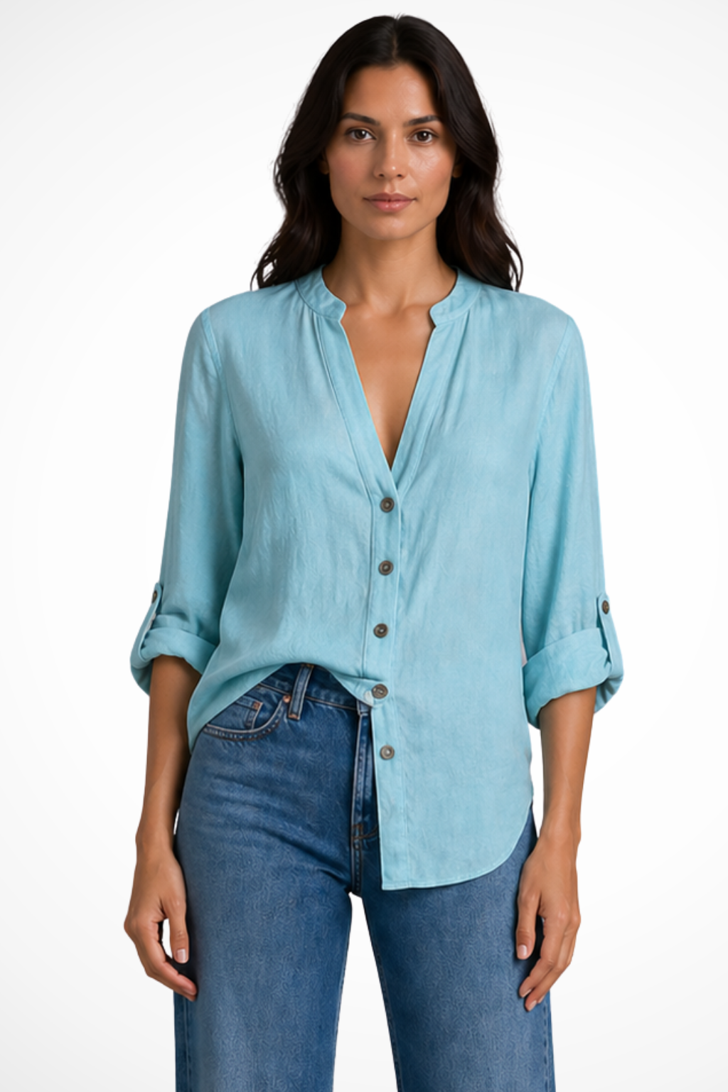 Women's Linen Button Down Shirt with Deep V Neck and Long Sleeve