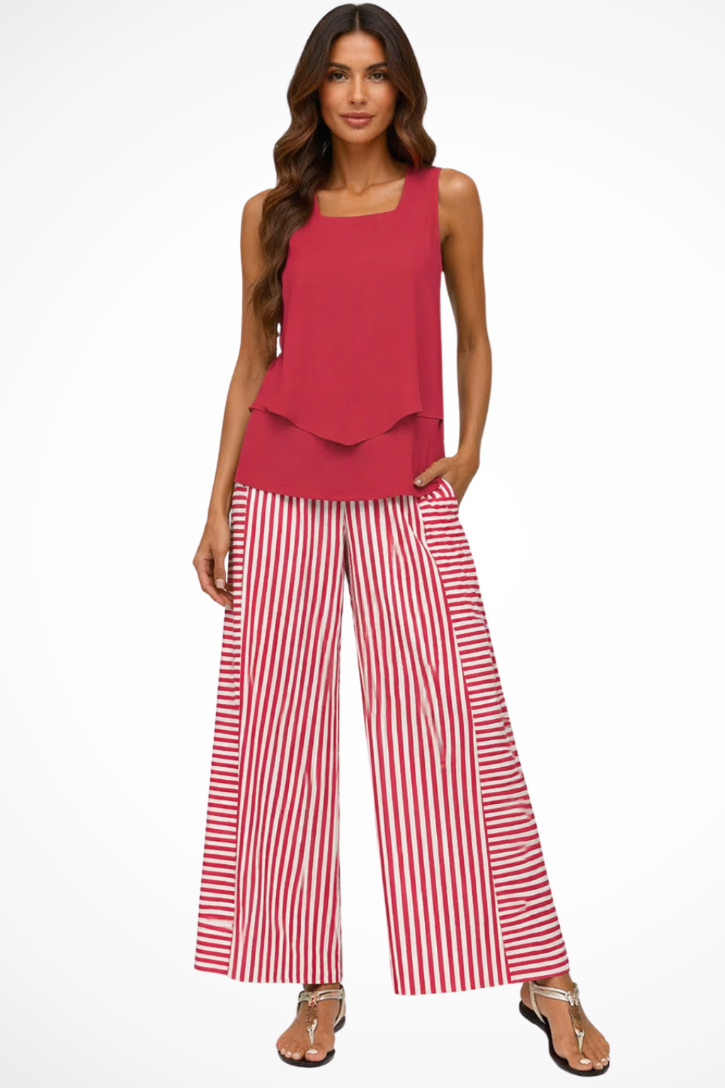 Women's Layered Sleeveless Top Floral Print Wide Leg Trouser Co Ord Set
