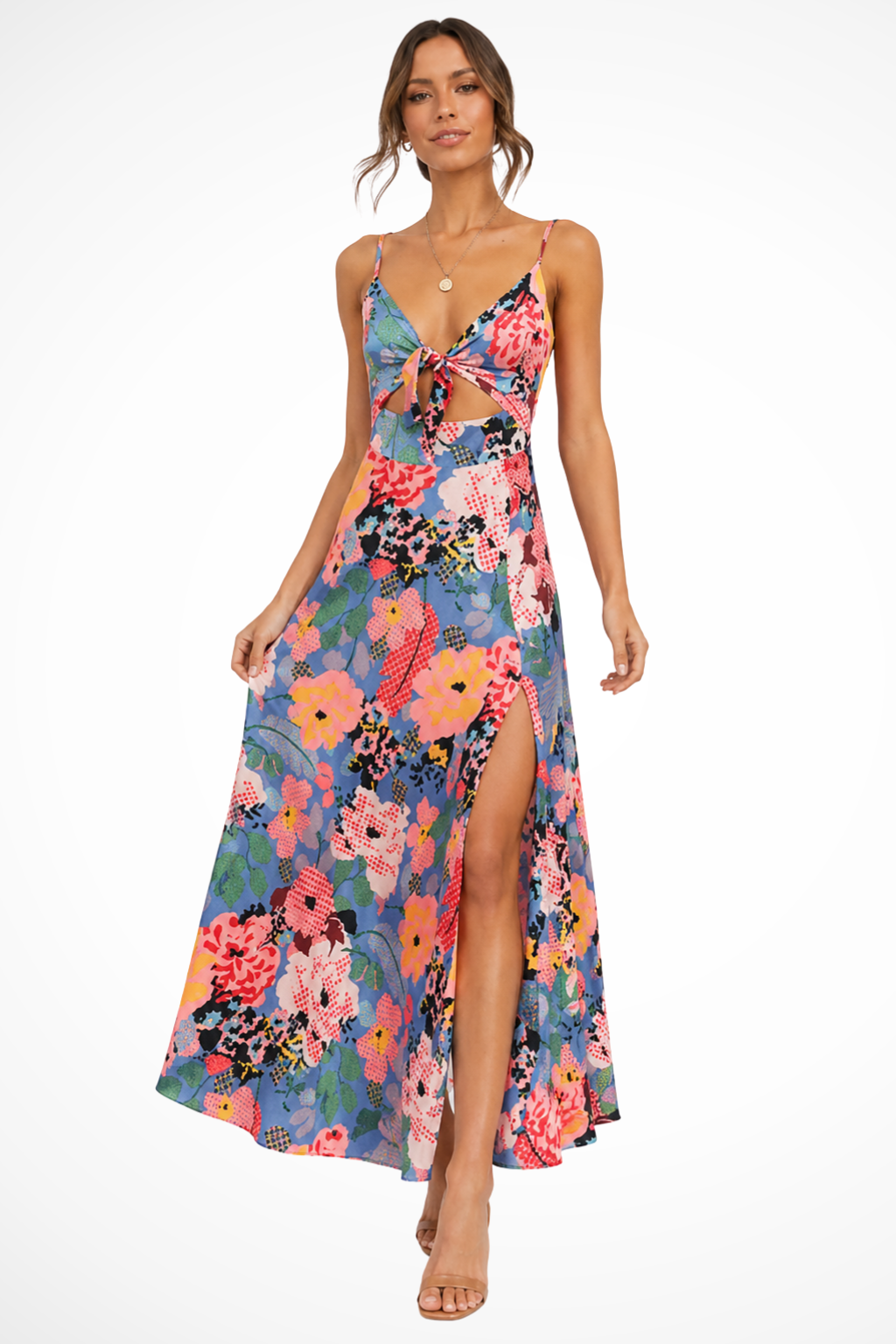 Women's Tie Front Floral Wedding Guest Maxi Dress with Cut Out Detail