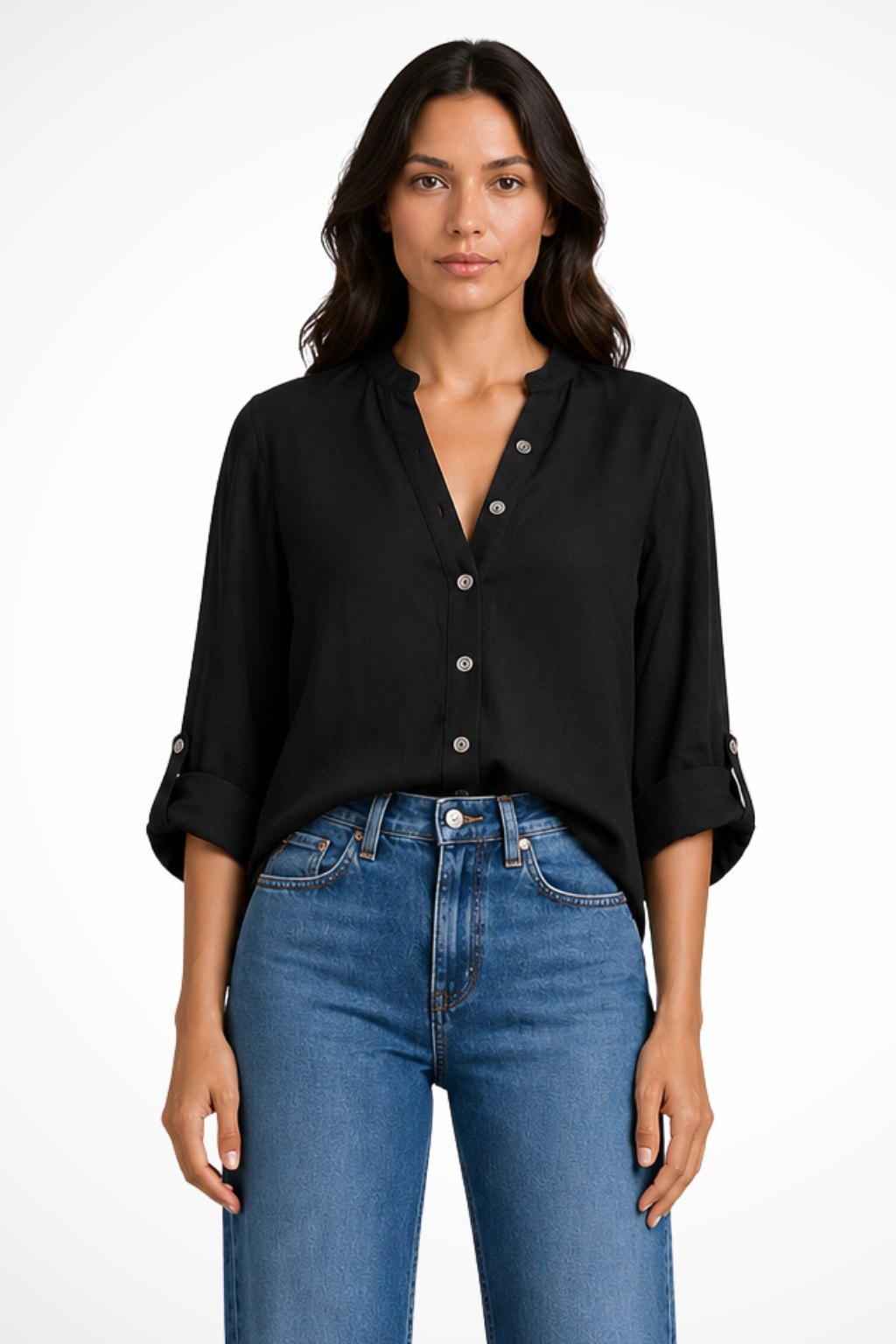 Women's Linen Button Down Shirt with Deep V Neck and Long Sleeve