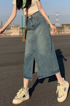 Wren | Women High Waist A Line Denim Maxi Skirt with Front Split