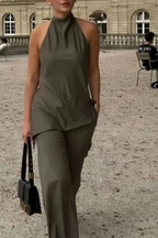 Women's Halter Neck Open Back Top and Wide Leg Trousers Co Ord Set