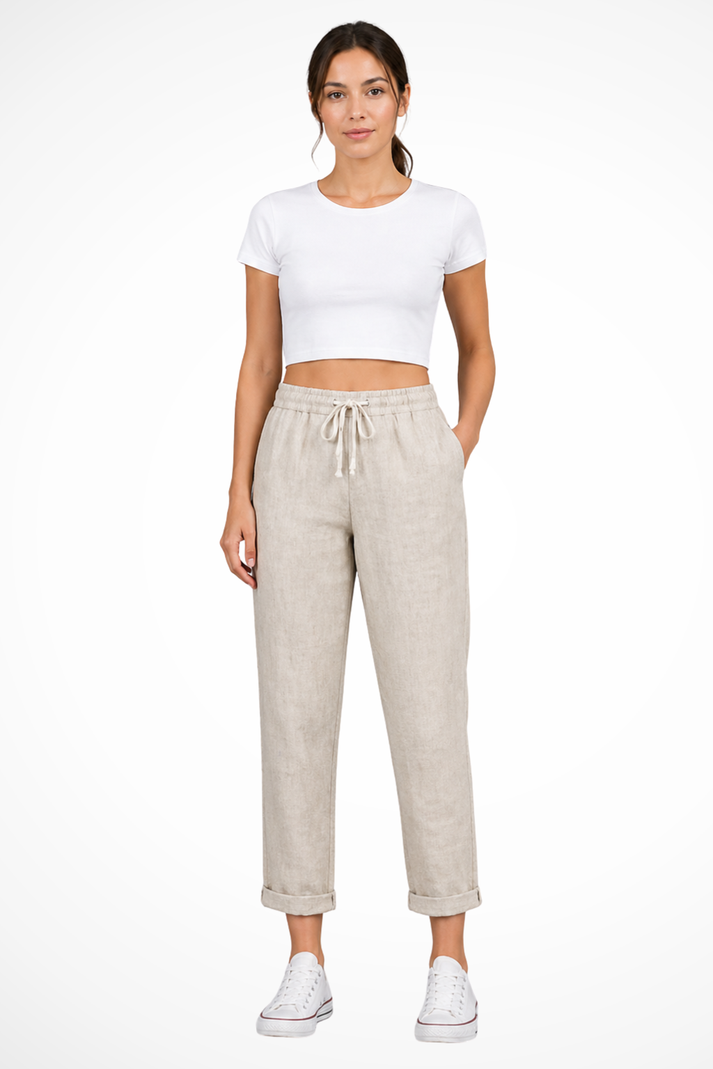 Women's Linen Cropped Trousers with Drawstring Waist