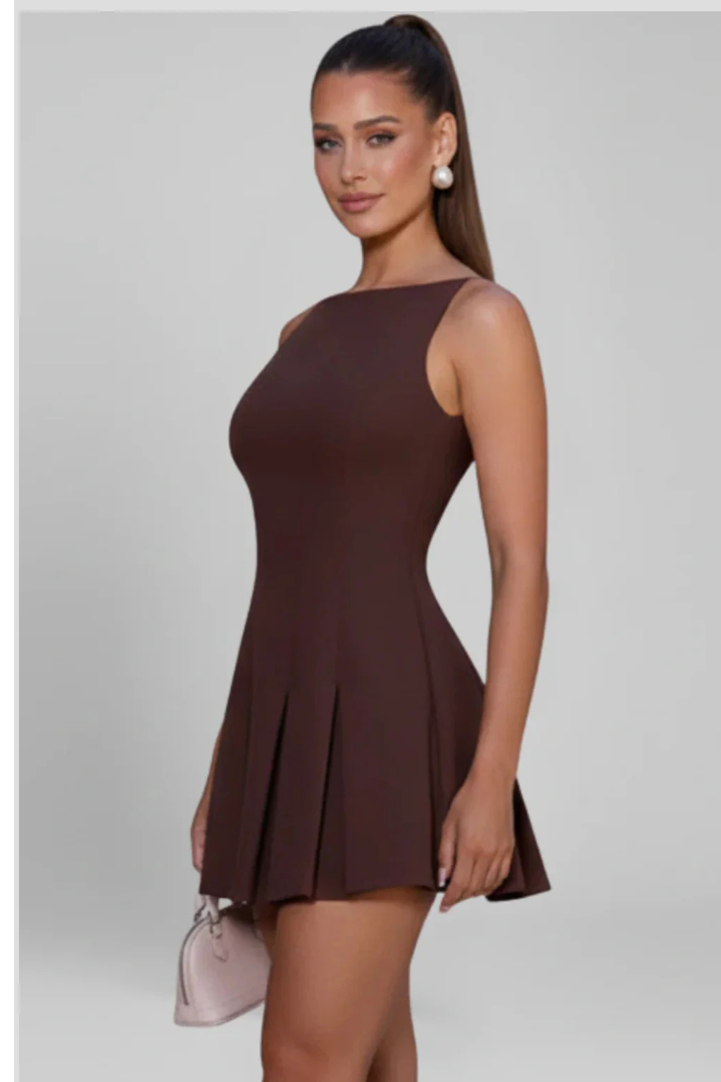 Women's Pleated Sleeveless Boat Neck Graduation Mini Dress