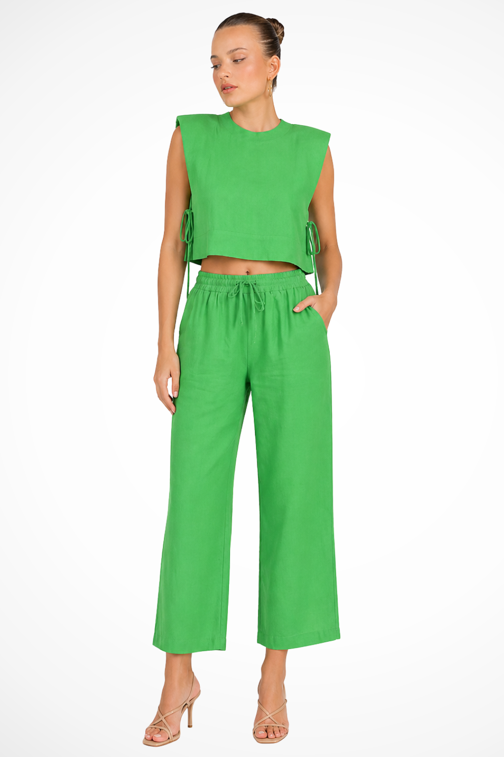 Women's Sleeveless Tie Side Crop Top and Wide Leg Trousers Linen Set