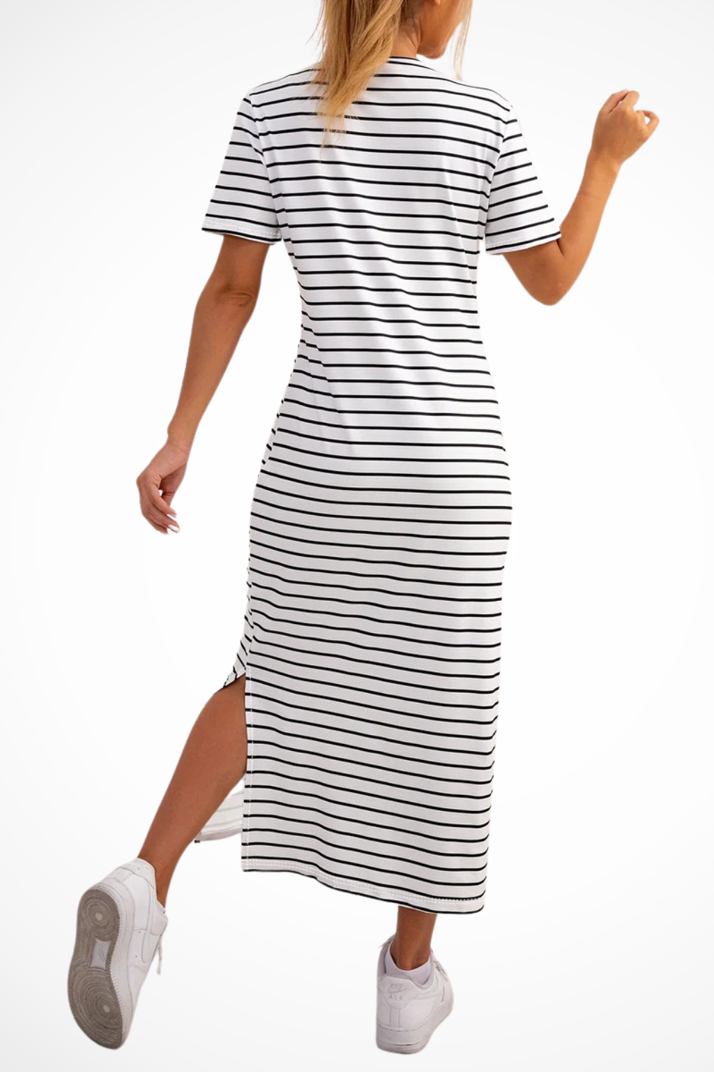Women's Striped Short Sleeve Side Split Summer Midi Dress