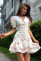 Women's Floral Print Puff Sleeve V Neck Vacation Wedding Guest Mini Dress