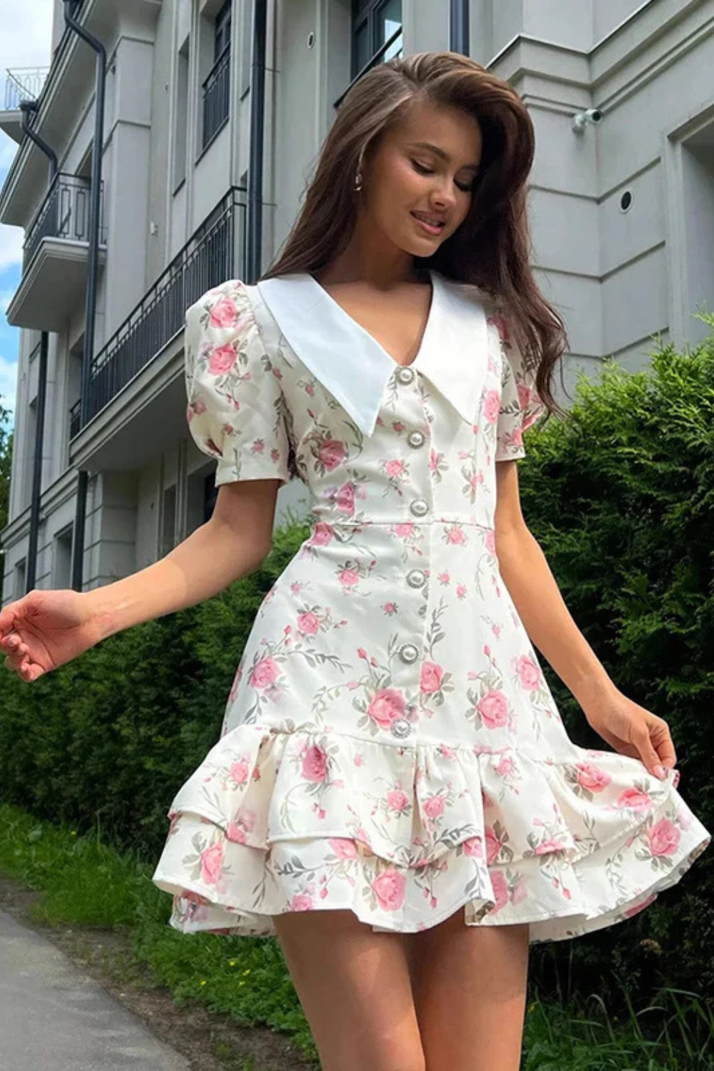 Women's Floral Print Puff Sleeve V Neck Vacation Wedding Guest Mini Dress