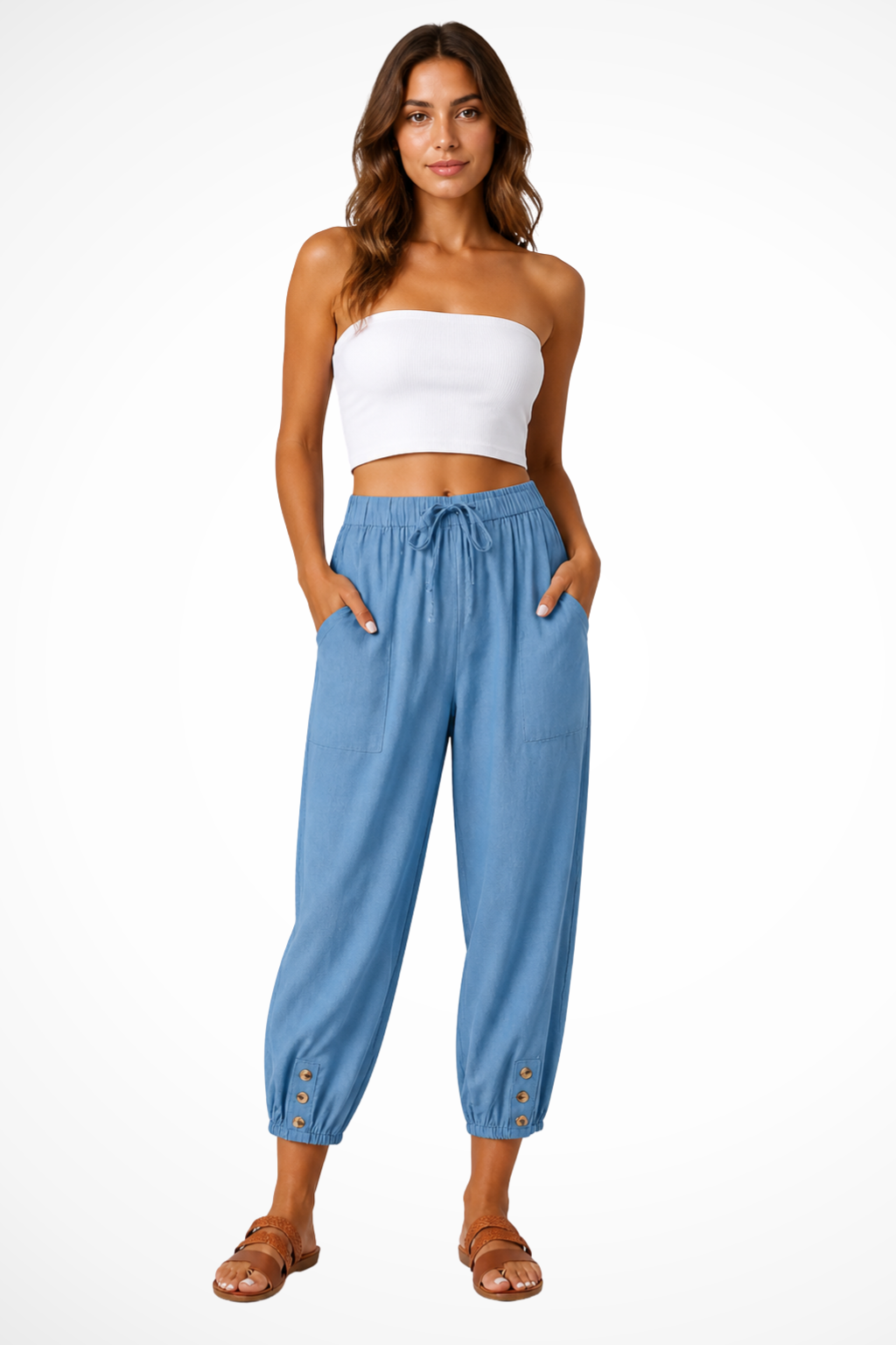 Women's Linen Cropped Trousers with Drawstring Waist and Button Hem