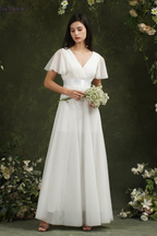 Women's Wrap V Neck Satin Waist Chiffon Maxi Wedding Dress