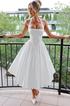 Women's Halter Neck Flowy Wedding Guest Corset Midi Dress