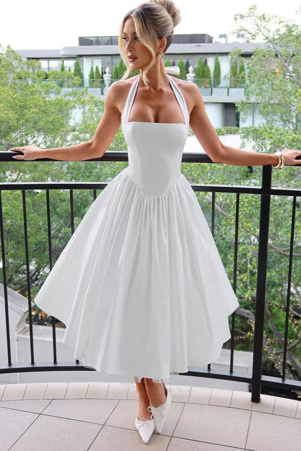 Women's Halter Neck Flowy Wedding Guest Corset Midi Dress