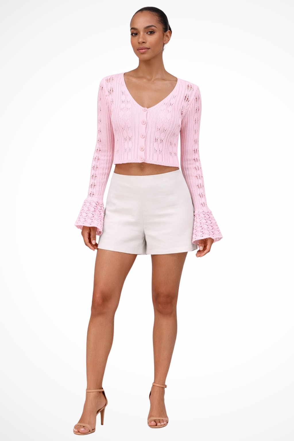 Women Crochet Cardigan with Bell Sleeve Detail