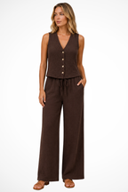 Women's V Neck Button Waistcoat and Wide Leg Trousers Linen Co Ord Set
