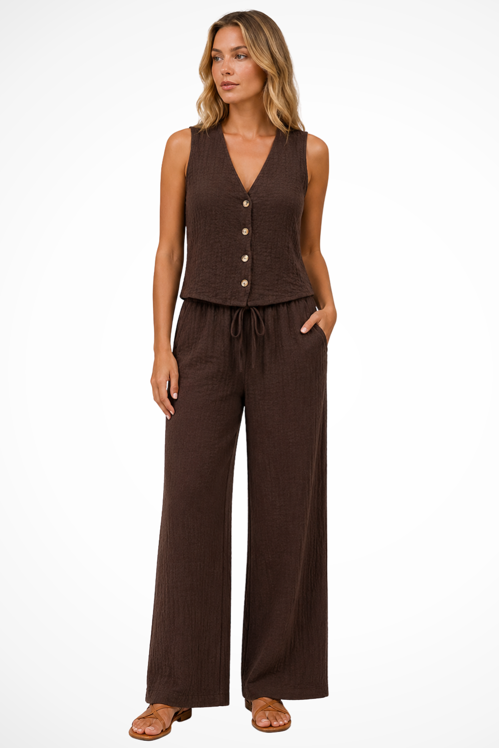 Women's V Neck Button Waistcoat and Wide Leg Trousers Linen Co Ord Set