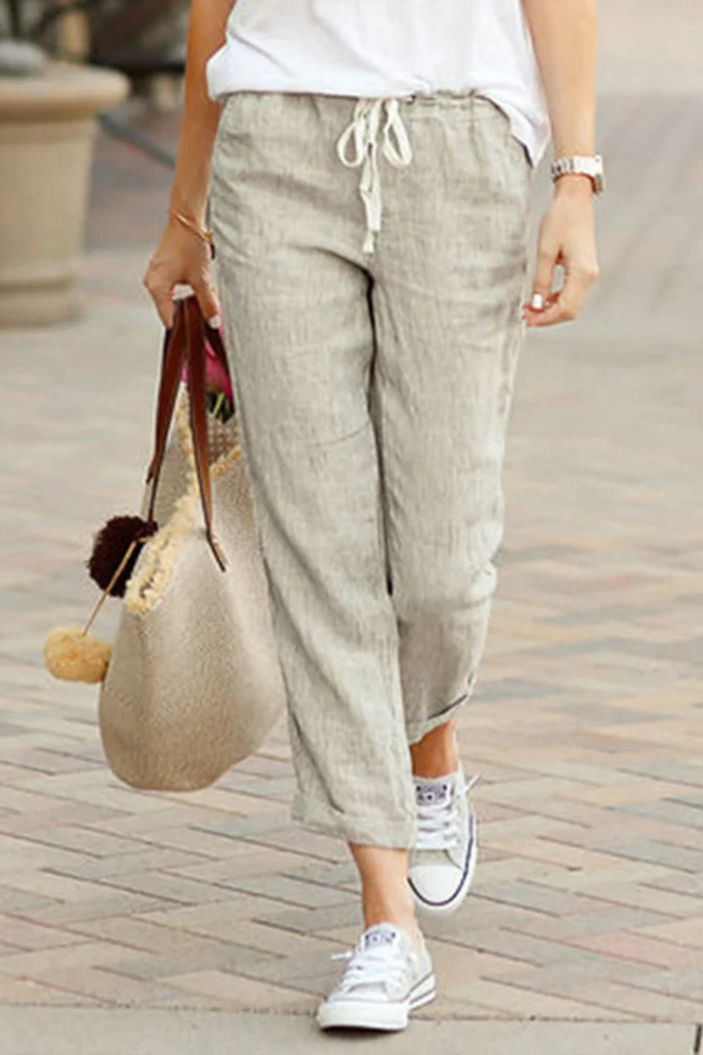 Women's Linen Cropped Trousers with Drawstring Waist