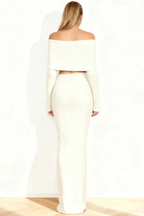 Women's Off Shoulder Knit Crop Top and Maxi Skirt Co Ord Set