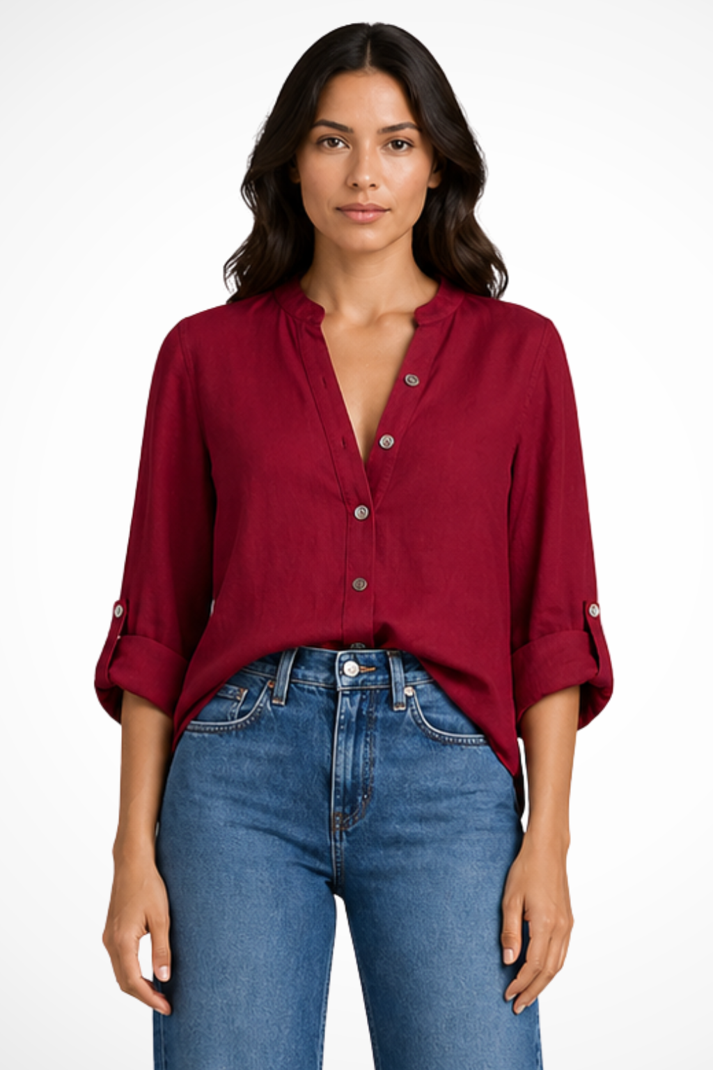 Women's Linen Button Down Shirt with Deep V Neck and Long Sleeve