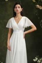 Women's Wrap V Neck Satin Waist Chiffon Maxi Wedding Dress