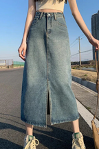Wren | Women High Waist A Line Denim Maxi Skirt with Front Split