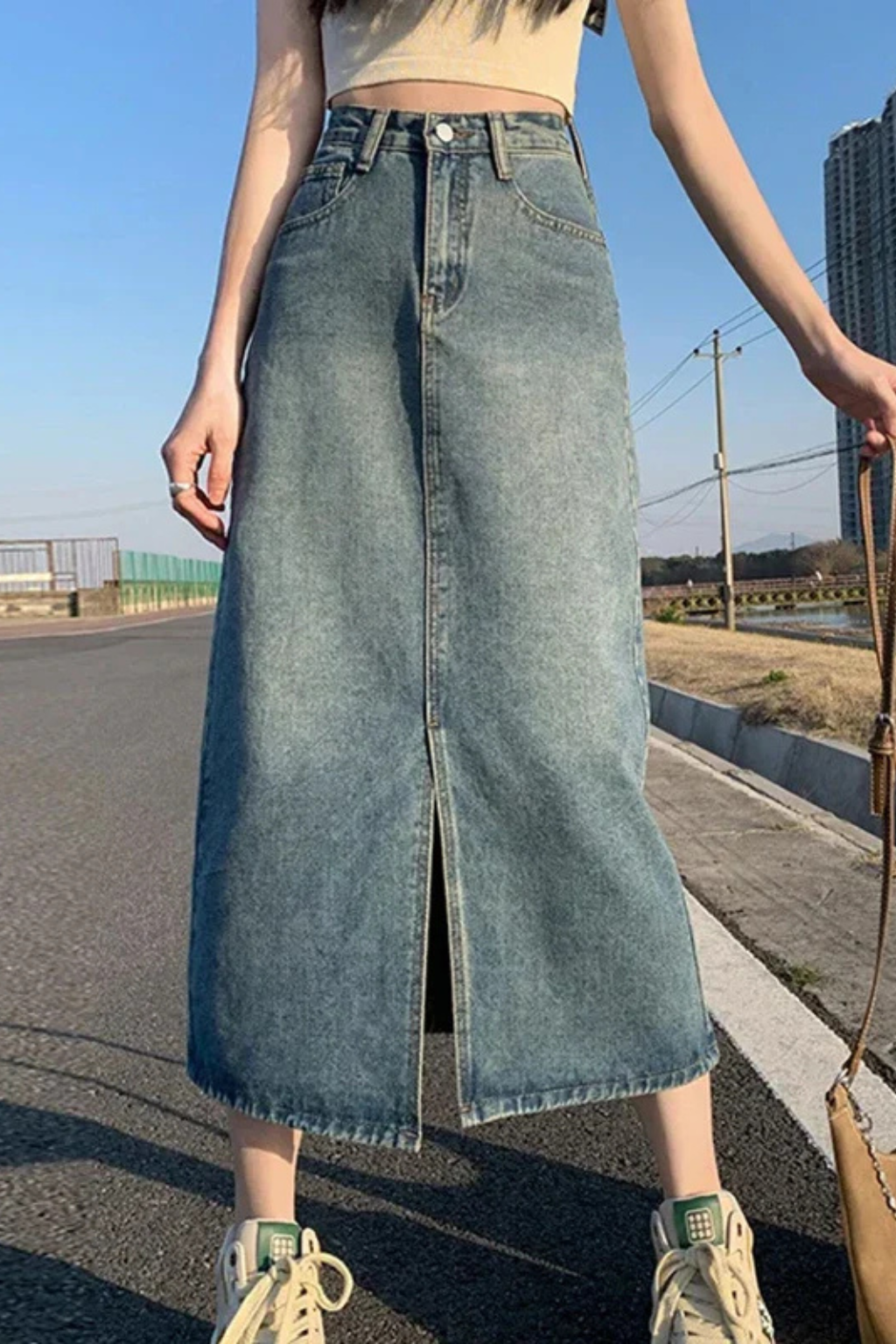 Wren | Women High Waist A Line Denim Maxi Skirt with Front Split