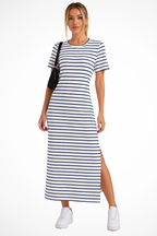 Women's Striped Short Sleeve Side Split Summer Midi Dress