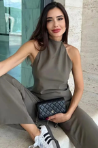 Women's Halter Neck Open Back Top and Wide Leg Trousers Co Ord Set