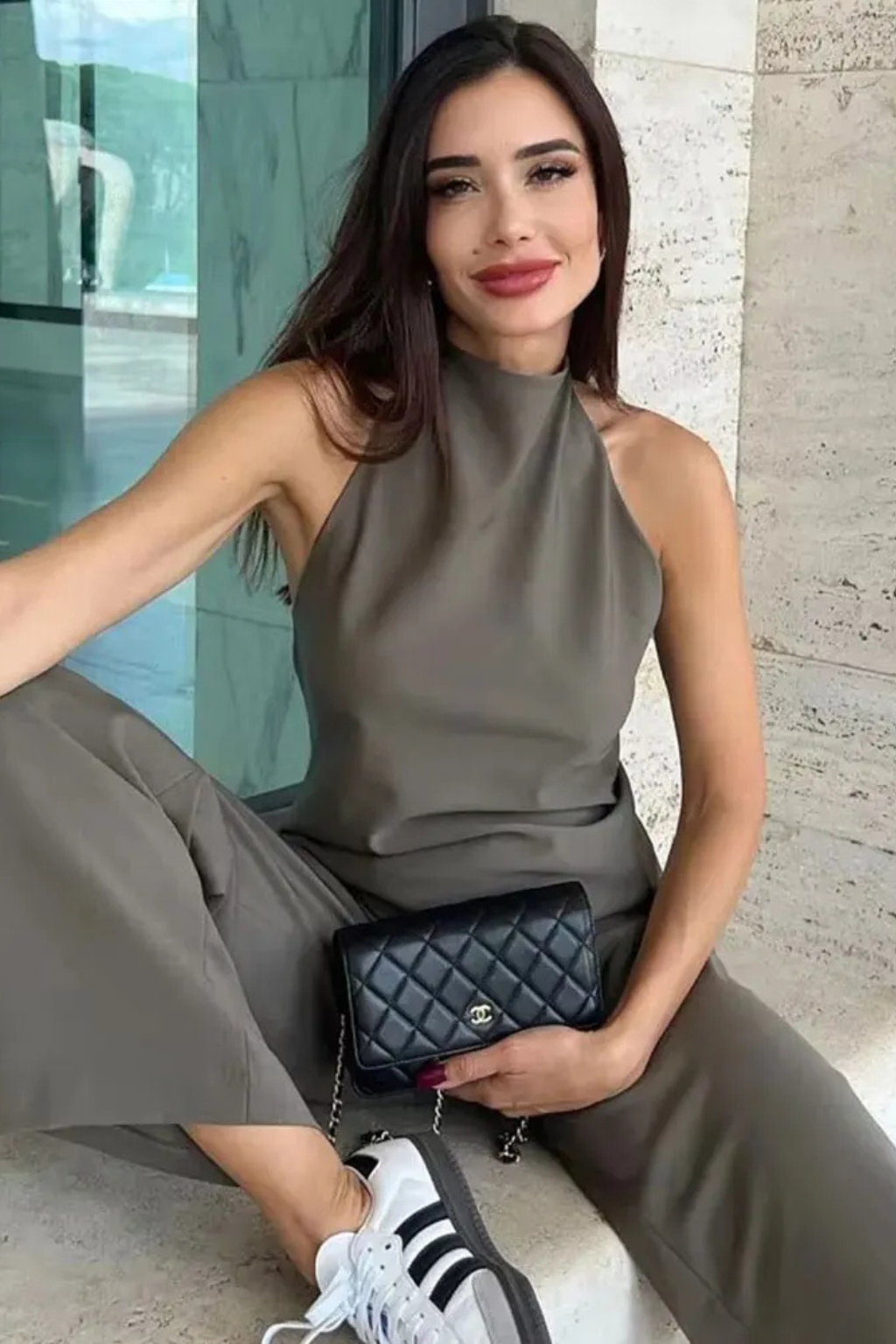 Women's Halter Neck Open Back Top and Wide Leg Trousers Co Ord Set