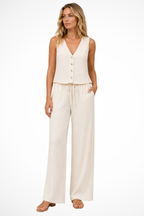 Women's V Neck Button Waistcoat and Wide Leg Trousers Linen Co Ord Set