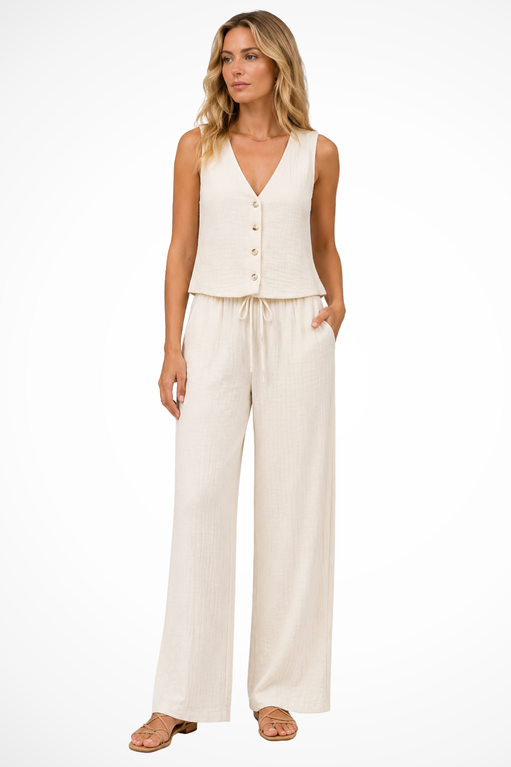 Women's V Neck Button Waistcoat and Wide Leg Trousers Linen Co Ord Set