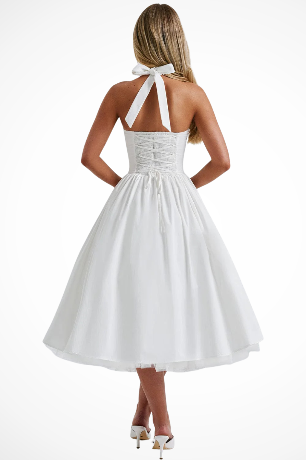 Women's Halter Neck Flowy Wedding Guest Corset Midi Dress