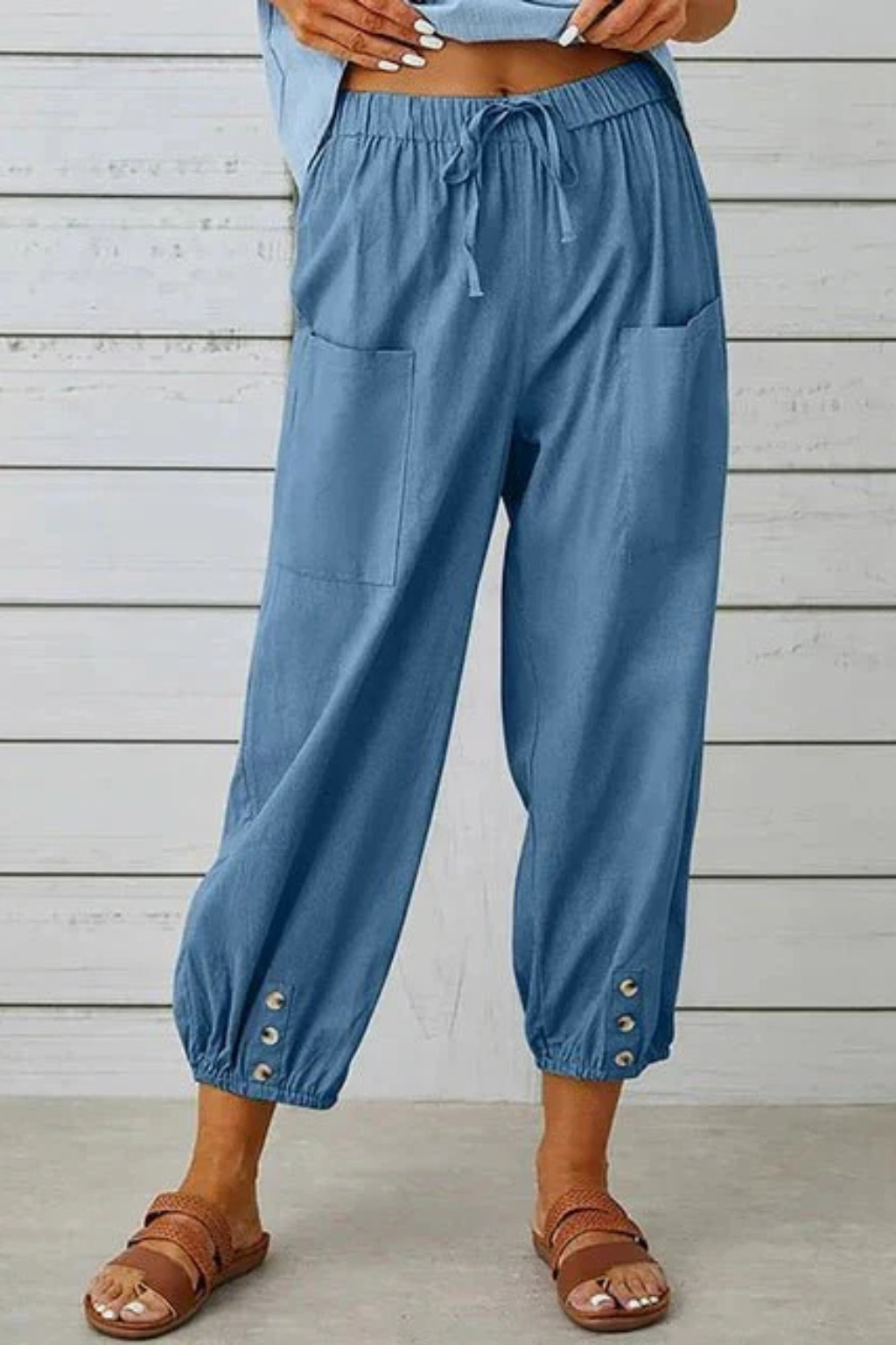 Women's Linen Cropped Trousers with Drawstring Waist and Button Hem