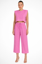 Women's Sleeveless Tie Side Crop Top and Wide Leg Trousers Linen Set
