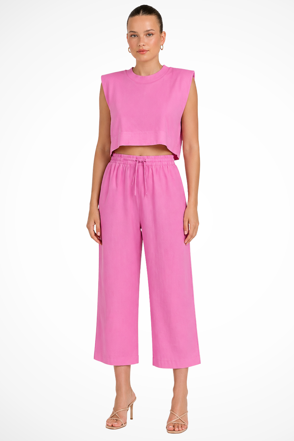 Women's Sleeveless Tie Side Crop Top and Wide Leg Trousers Linen Set