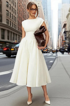 Women's Cap Sleeve Structured A Line Wedding Guest Midi Dress