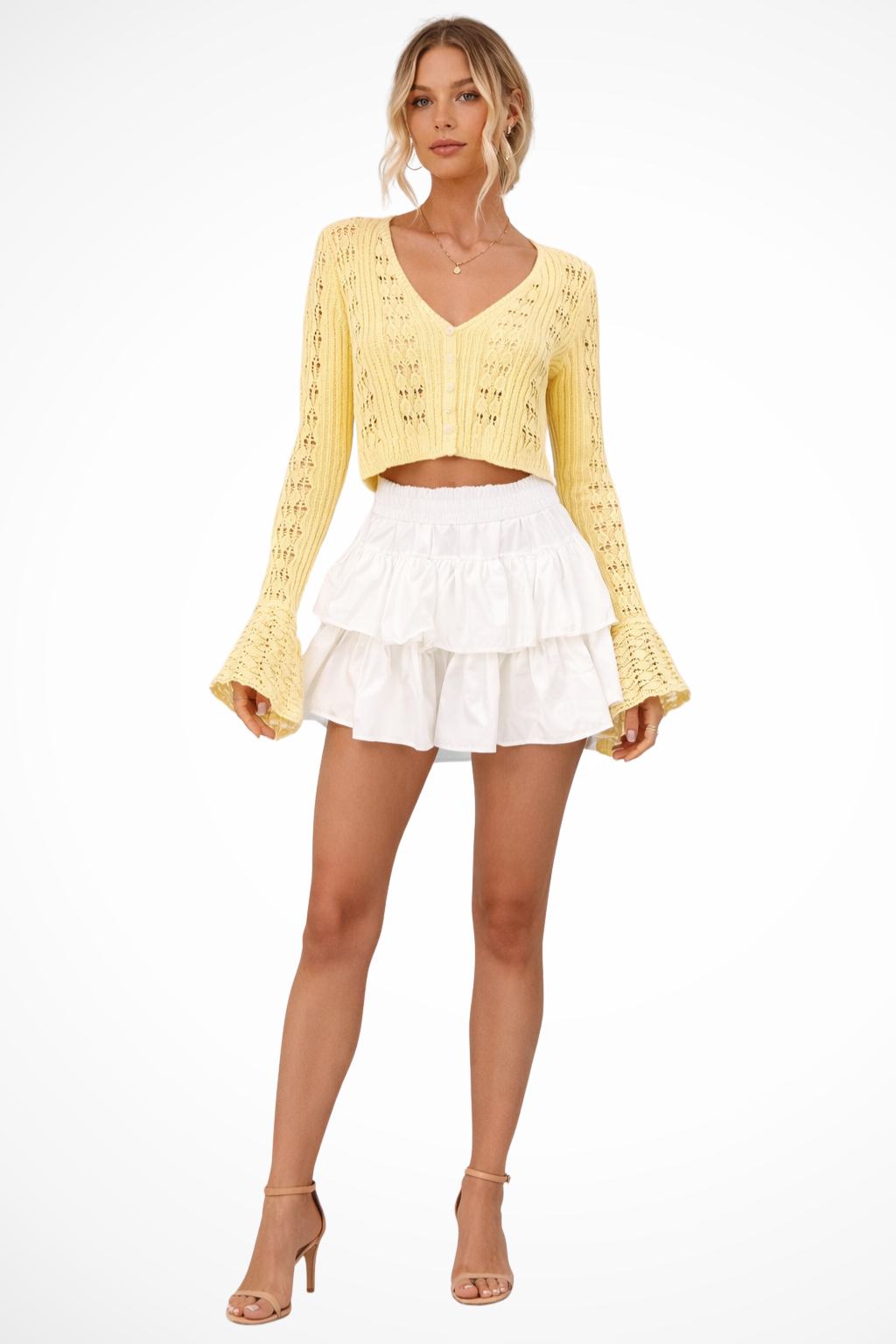 Women Crochet Cardigan with Bell Sleeve Detail