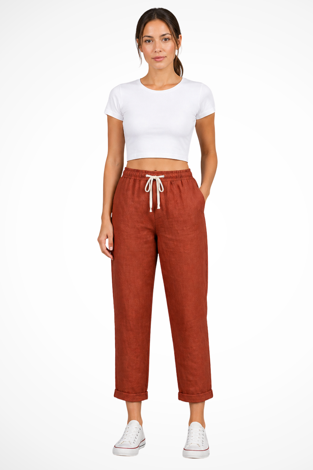 Women's Linen Cropped Trousers with Drawstring Waist