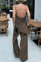 Women's Halter Neck Open Back Top and Wide Leg Trousers Co Ord Set