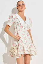 Women's Floral Print Puff Sleeve V Neck Vacation Wedding Guest Mini Dress