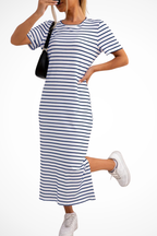 Women's Striped Short Sleeve Side Split Summer Midi Dress