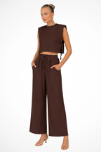 Women's Sleeveless Tie Side Crop Top and Wide Leg Trousers Linen Set