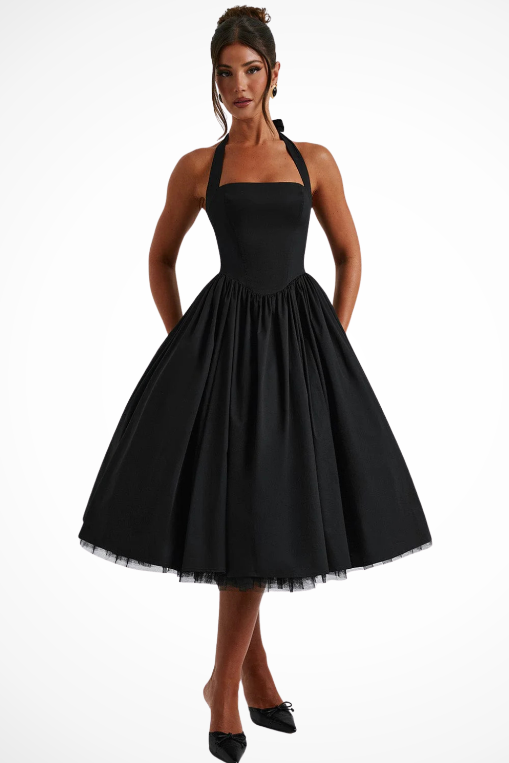 Women's Halter Neck Flowy Wedding Guest Corset Midi Dress