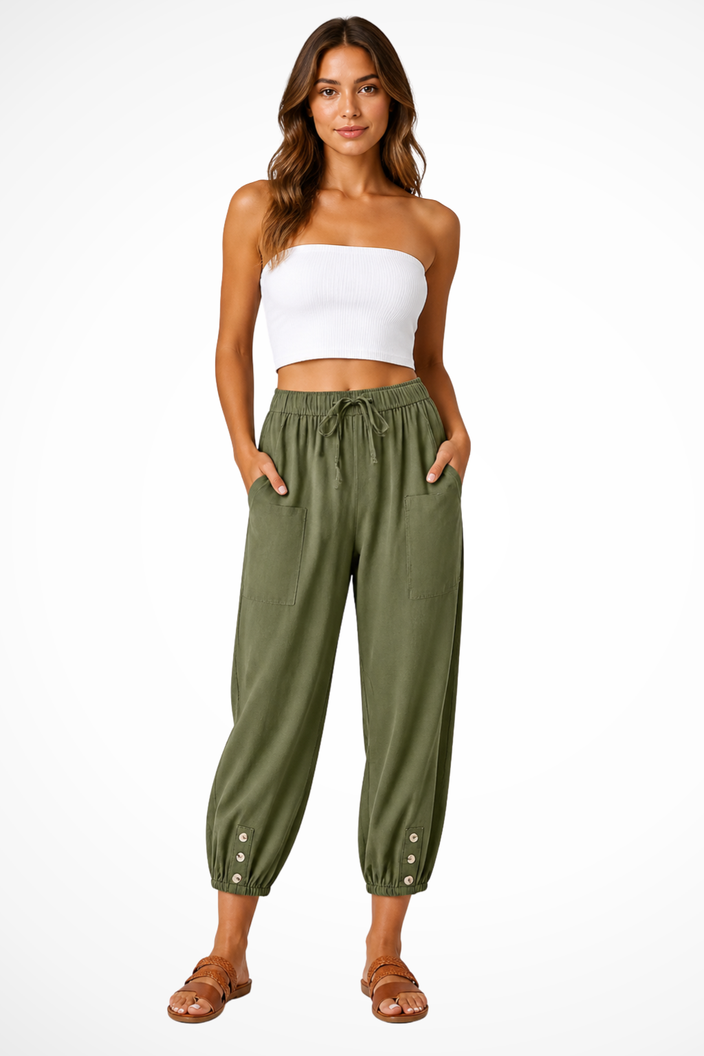 Women's Linen Cropped Trousers with Drawstring Waist and Button Hem